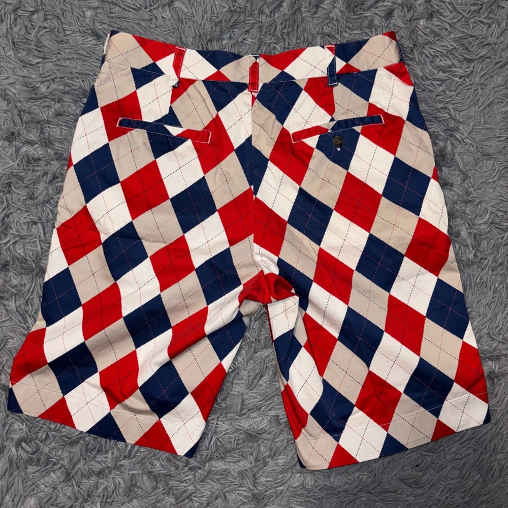 Loudmouth Men’s Golf Argyle Diamond Bermuda Flat Front Shorts 34 Red White Blue - Picture 3 of 8